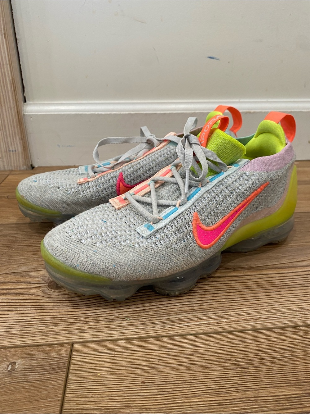 Nike Grey Vapormax Sneakers with Pink Swoosh and Neon Lime Accents